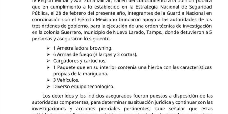 Detienen a cinco y aseguran arsenal en Nuevo Laredo